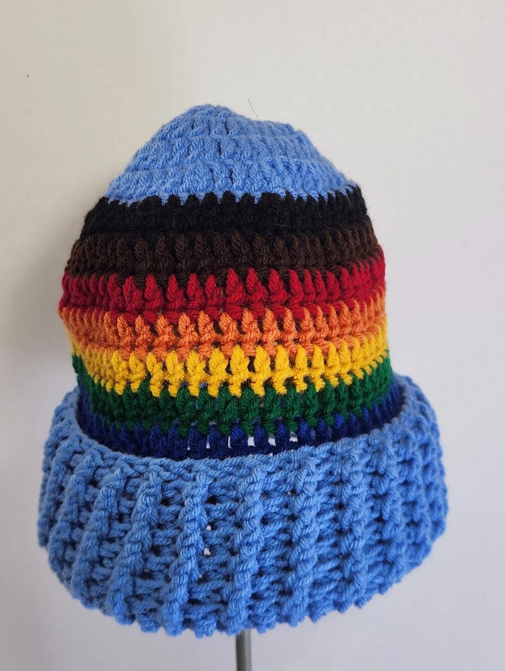 Handmade Crochet Knit Cap Beanie Hat Blue with Rainbow Stripe One Size